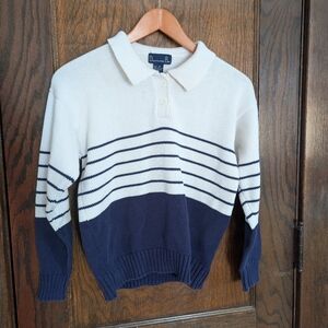 Vintage 100% Cotton Polo Sweater White And Navy Striped Cropped